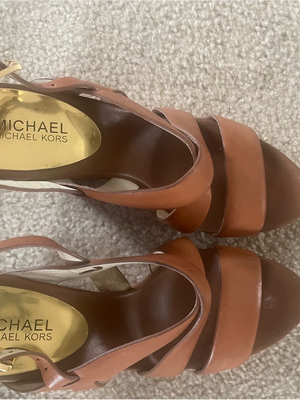 Michael Kors Brown-Tan Leather Strappy Platform Heels